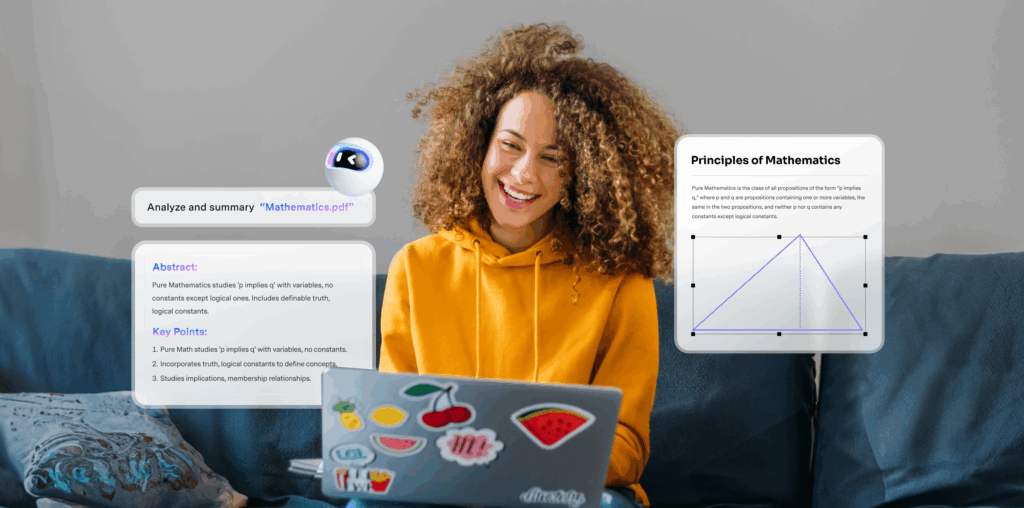 young woman with laptop sitting on a sofa with content bubbles around her 