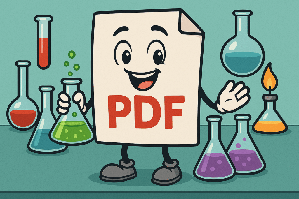 Cartoon PDF icon surrounded by lab equipment.