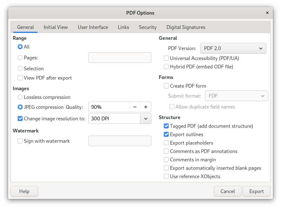 LibreOffice export dialog featuring PDF 2.0 support.