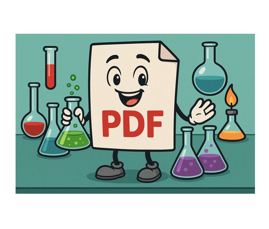 Cartoon PDF icon surrounded by lab equipment.