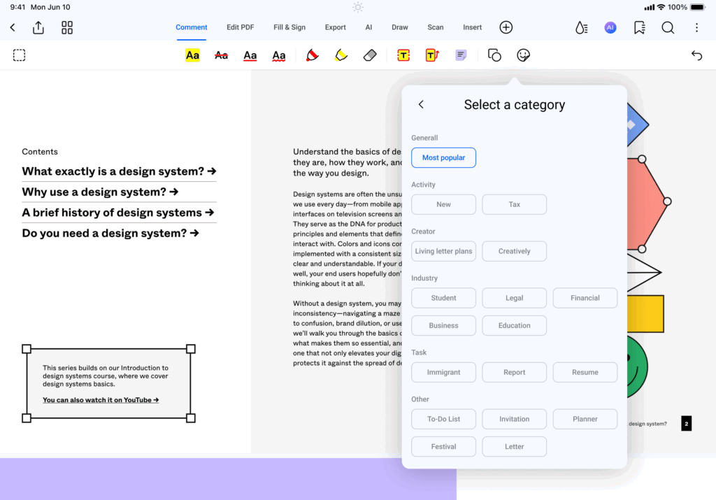 Screenshot of design screen selections