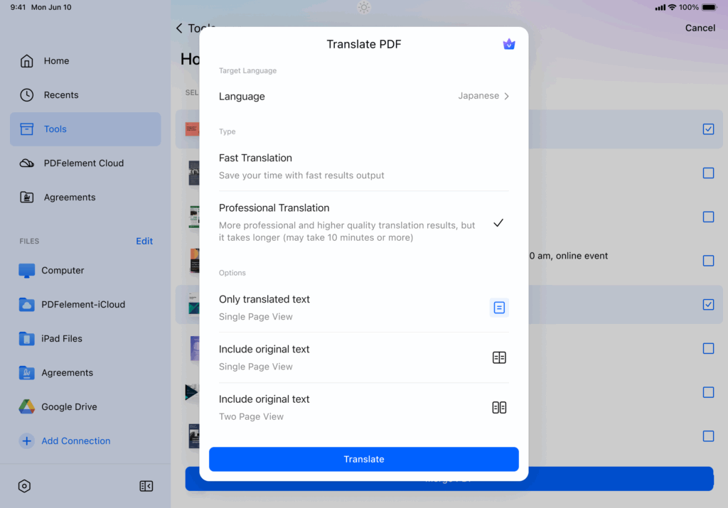 Screenshot to show Translate PDF menu