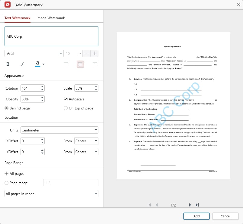 MobiPDF's watermark settings interface for adding text watermarks to documents with the visual page preview open.