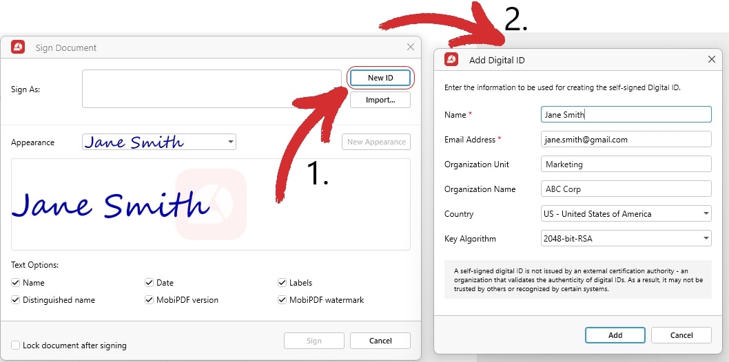 MobiPDF's digital signature creation dialog windows with the self-signed ID setup open.