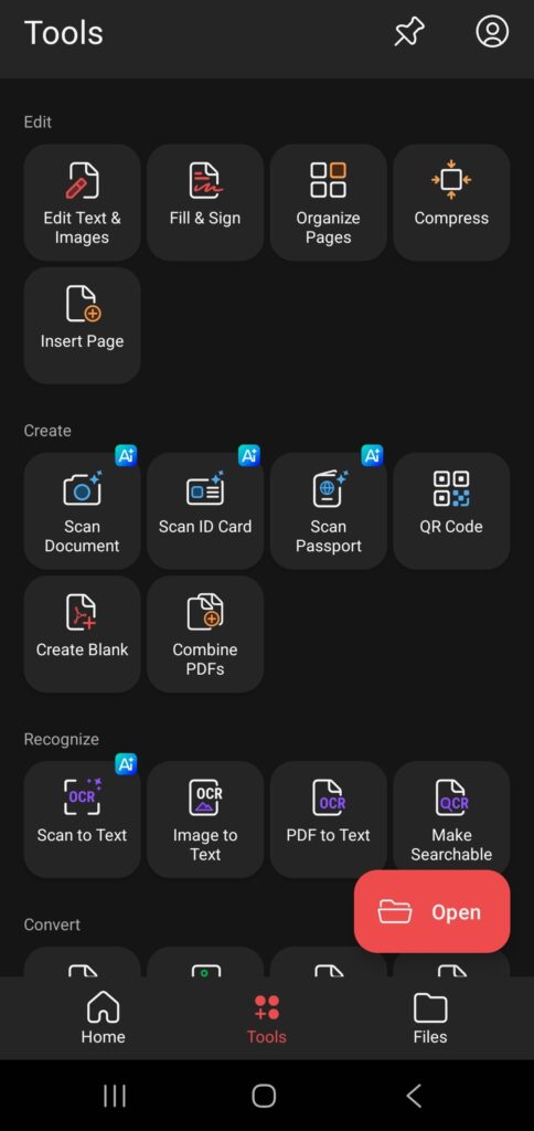 MobiPDF's dark mode tools menu in Android showing scan, edit, and PDF conversion features.