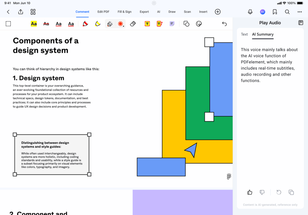 Components of a design system showing AI summary
