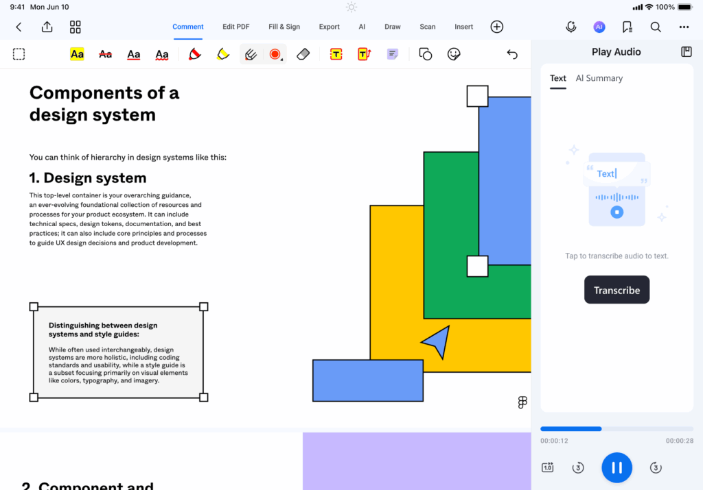 Components of a design system showing transcribe feature