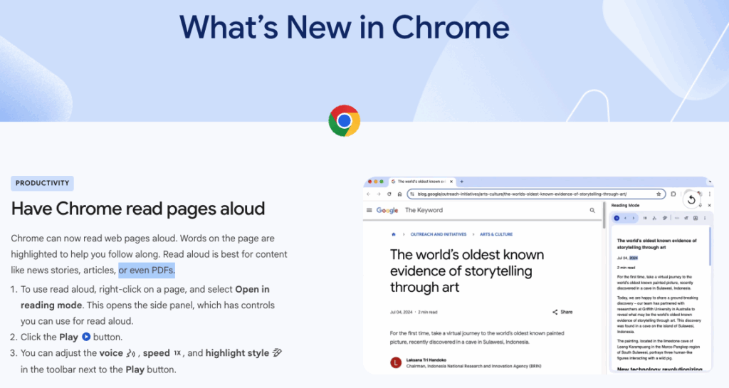 Screenshot of Chrome's What's New page displaying the new feature "Have Chrome read pages aloud". The phrase "or even PDFs" is highlighted.