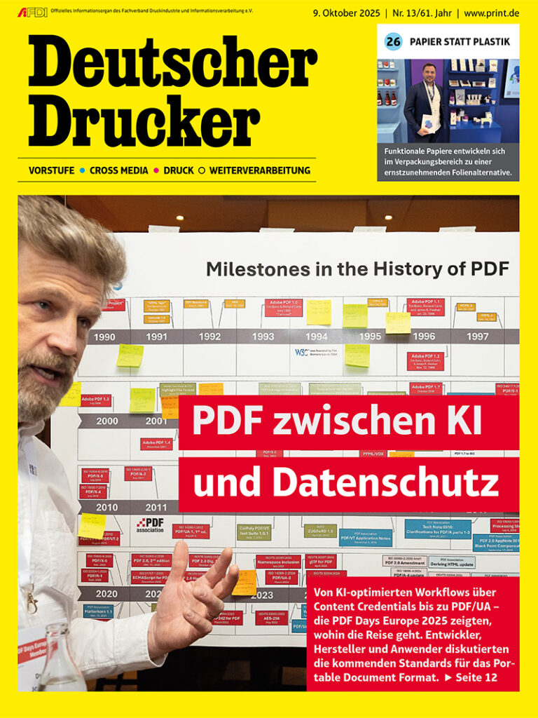 Cover of Deutscher Druker showing the Timeline poster with with Duff Johnson standing to the side.