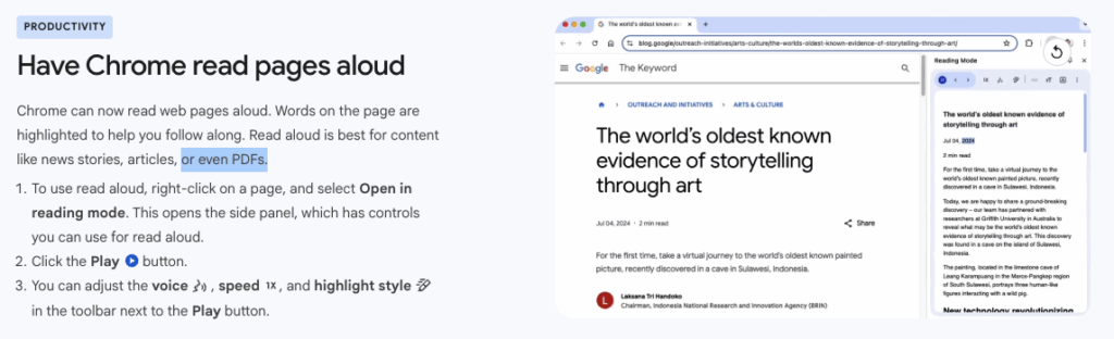 Screenshot of Chrome's What's New page displaying the new feature "Have Chrome read pages aloud". The phrase "or even PDFs" is highlighted.