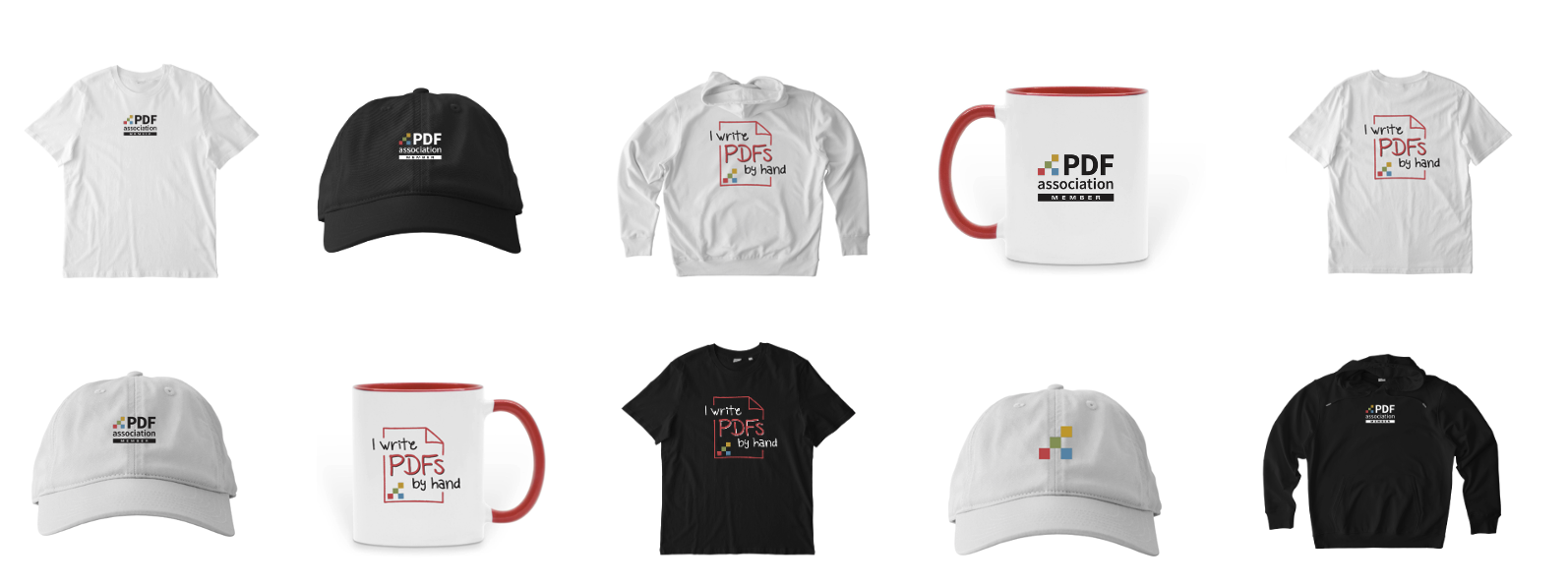 PDF Association members-only merch, including T-shirts, sweatshirts, caps and mugs.