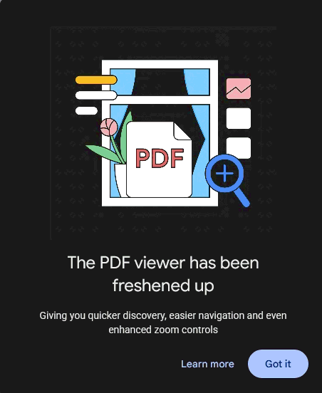 Google' animation of a PDF in a window with text: "The PDF viewer has been freshened up".