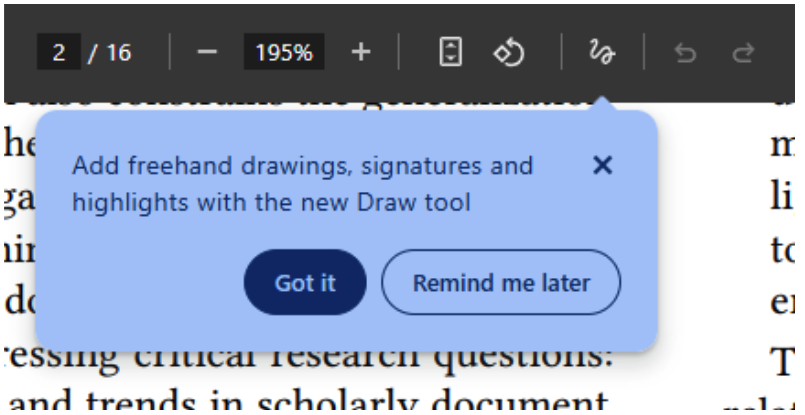 Screenshot of a dialog that states: "Add freehand drawings, signatures and highlights with the new Draw tool."