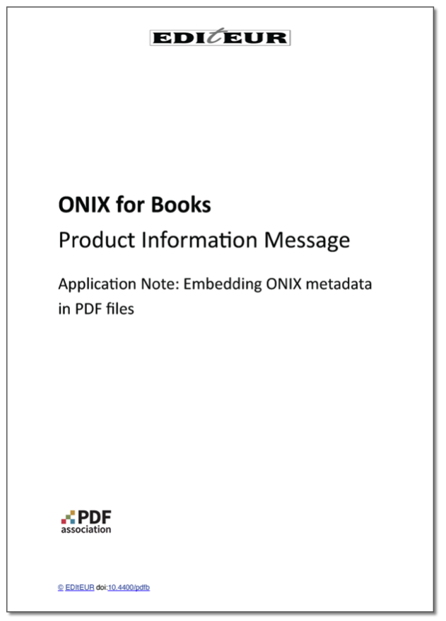 Cover of the EDItEUR Application note for Embedding ONIX metadata in PDF.