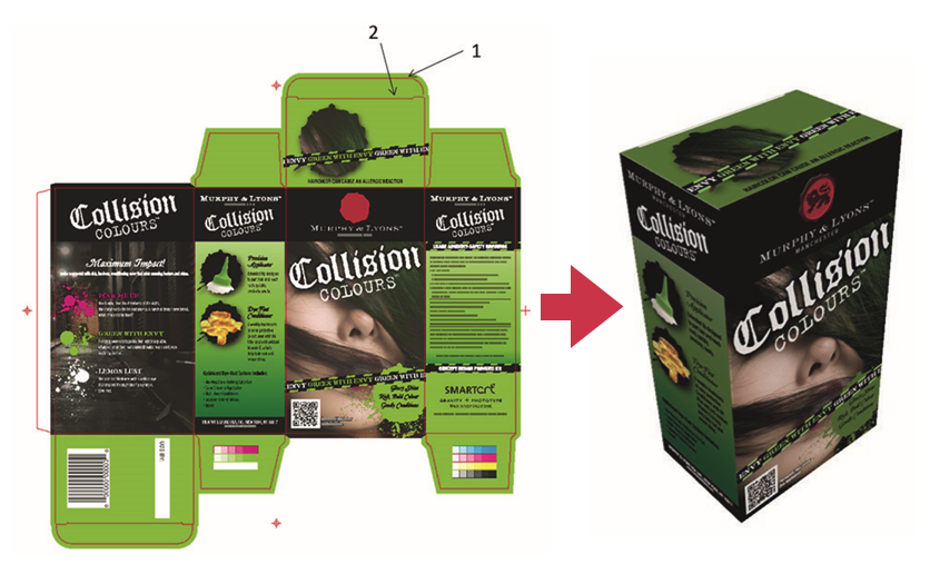 Example of printed (flat) and assembled (box) product packaging.