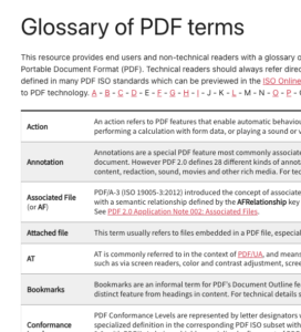 Screenshot of Glossary of PDF terms page