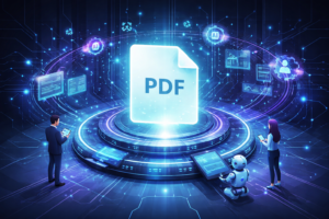 High-tech environment with a holographic glowing PDF at the center, surrounded by data streams, network lines, and humans interacting with AI systems.