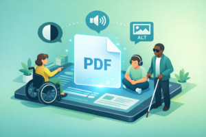Isometric illustration of diverse people, including a wheelchair user and a blind person, interacting with a tablet displaying a glowing PDF, surrounded by accessibility icons.