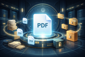 Futuristic digital vault with a glowing PDF file at the center, surrounded by stacks of paper transforming into digital documents and secure locked storage containers.