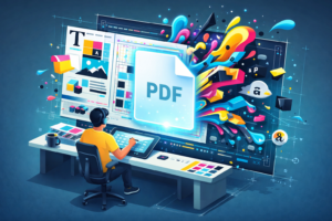 Designer working on a large screen as colorful typography, images, and layout elements burst from a glowing PDF in a creative studio.