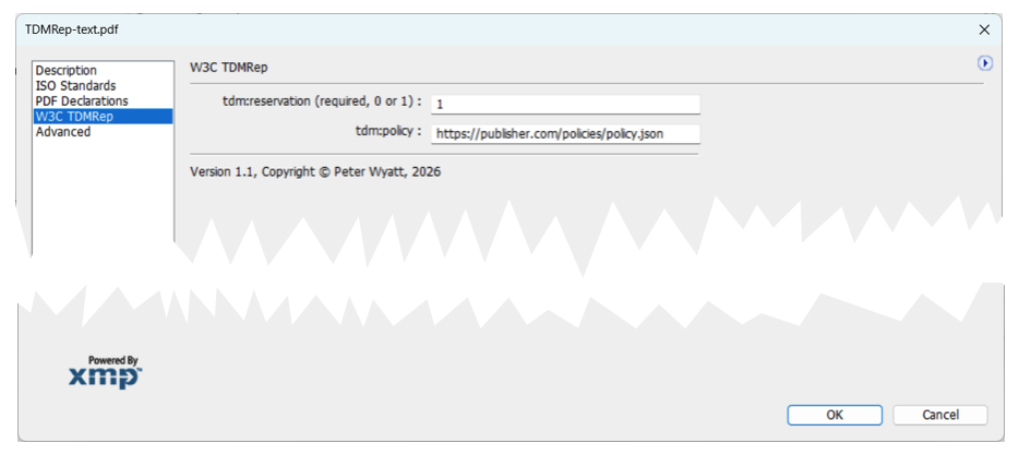 Screenshot of an application dialog showing an interface to adjust TDMRep properties. The dialog includes an XMP logo in the bottom-left corner.