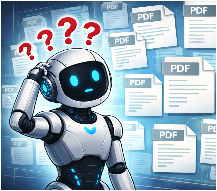 A confused AI confronts many PDF files.