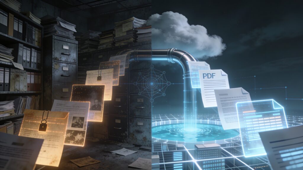 Header illustration for the PDF Smart whitepaper "From Flat Files to AI-Ready Assets: The Strategic Role of OCR and Standardised PDFs in Enterprise Data Lakes."