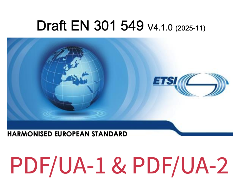 Cover art from the draft of EN 301 549 V4.1.0, with "PDF/UA-1 & PDF/UA-2" below the art.