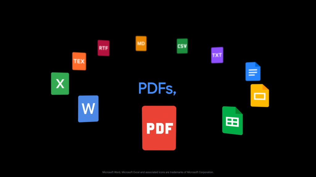 Document icons in a circle, with a PDF icon at the front.