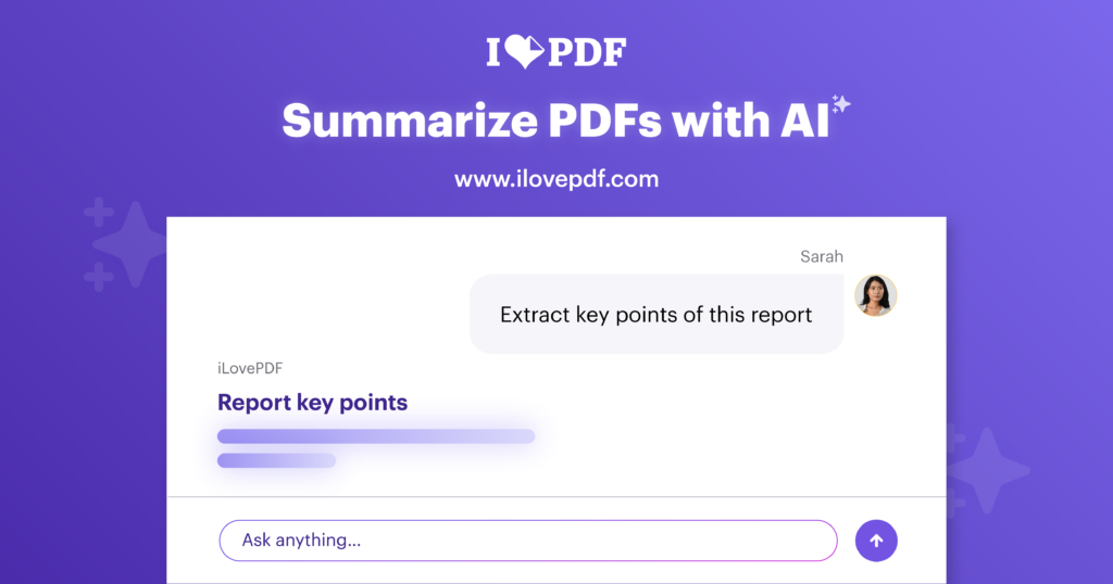 iLovePDF Summarize PDFs with AI tool interface showing a chat where user asks to extract key points from a report