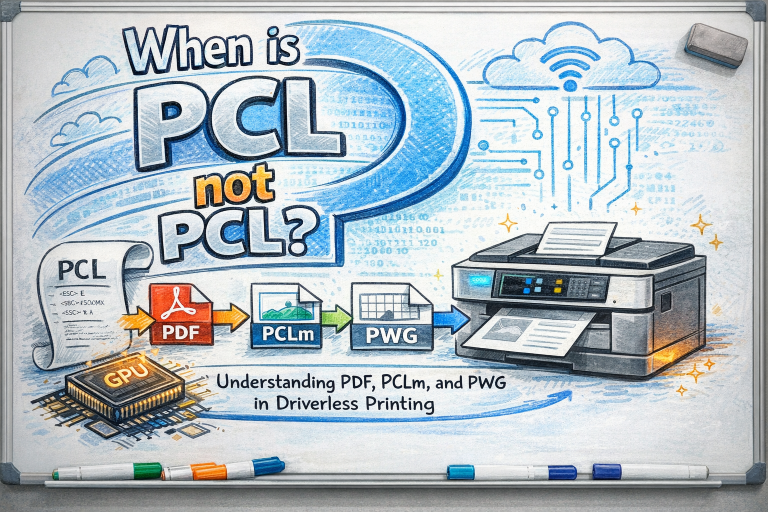 infographic showing "When is PCL not PCL?" Understanding PDF, PCLm, and PWG in Driverless printing