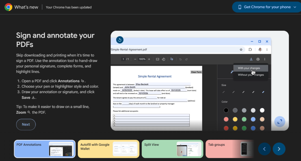 Screenshot of What's New page for Chrome showcasing the app's support for signing and annotating PDFs.