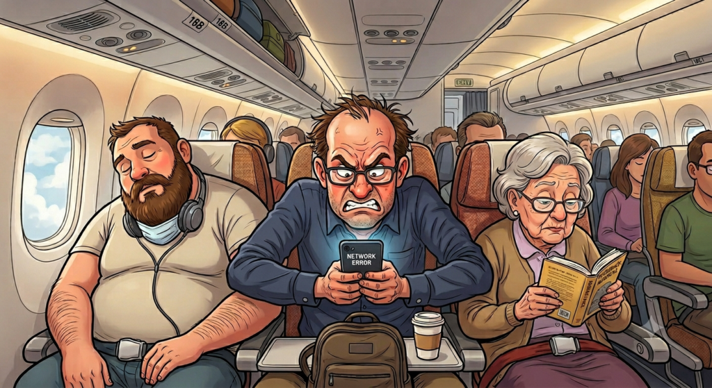 Cartoon of an angry man sitting on a plane. He's working on his phone, on the back of which the message "Network error" appears.