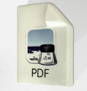 A PDF icon with Apple badging, made of porcelain, mounted on a wall.