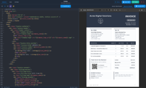 PDFBolt template designer showing Handlebars code and PDF preview