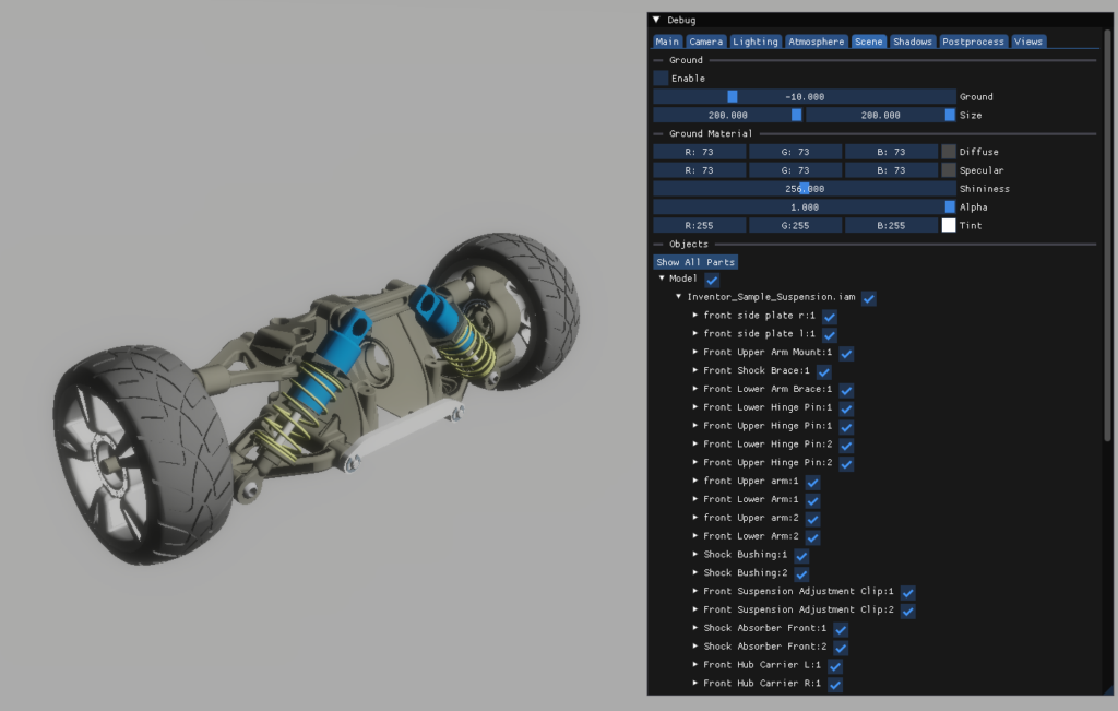 3D detail image of a car's drivetrain assembly. The screenshot includes a rendering options dialog.