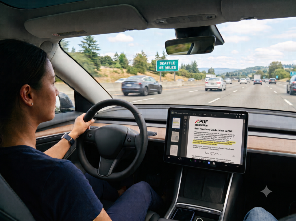 Driver's view from inside a car on a busy highway, hands on the wheel and a dashboard tablet showing a PDF, with a green road sign ahead reading "SEATTLE 45 MILES."