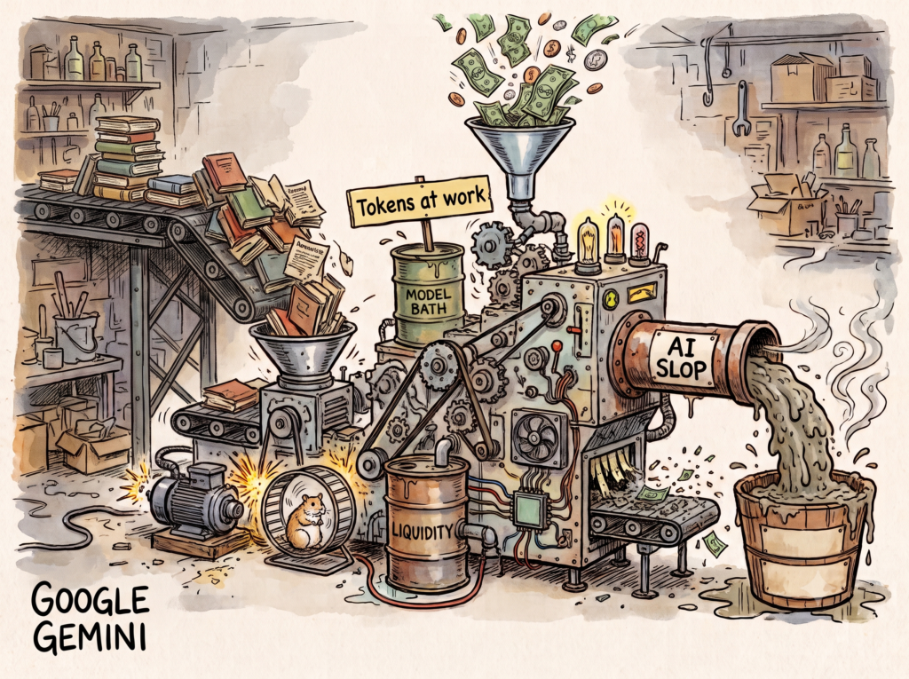 A cartoon of a Rube Goldberg machine ingesting books from a conveyor-belt, money from a funnel and producing AI slop.