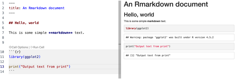 Split-screen R Markdown editor and rendered preview showing heading "Hello, world", a code block loading library(ggplot2), a warning line, a print("Output text from...") call and its displayed console-style output.
