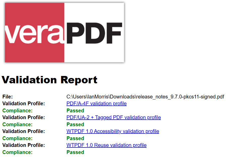 A screenshot showing the veraPDF test results for the PDF document