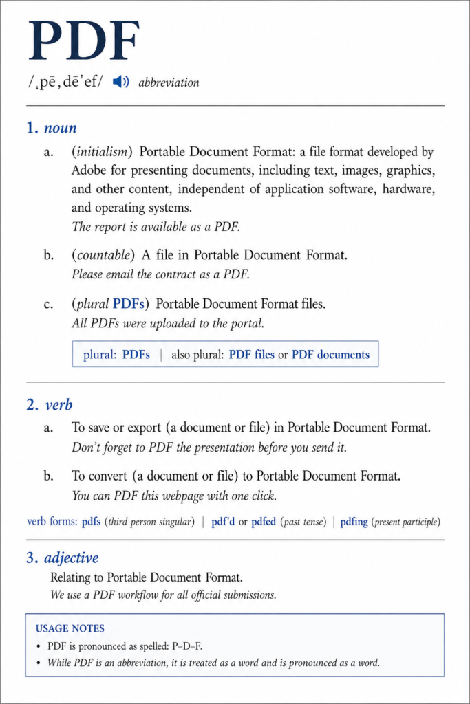 Screenshot of a fake dictionary entry for "PDF".