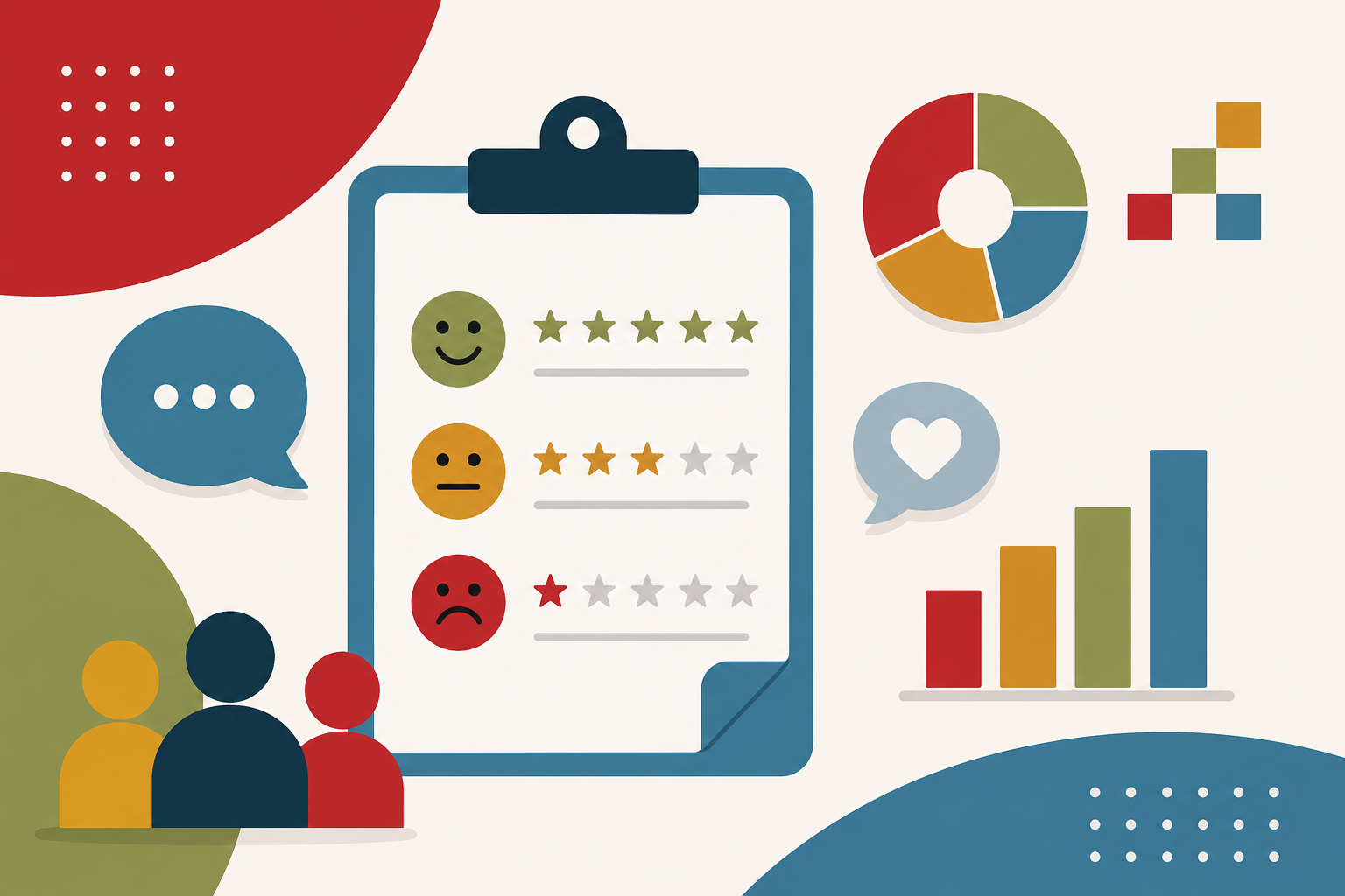 Customer feedback and satisfaction survey visualization: a clipboard showing three respondents—green smiling face with five stars, yellow neutral face with three stars, and red frowning face with one star—surrounded by pie and bar charts, speech bubbles, and user icons indicating analysis.
