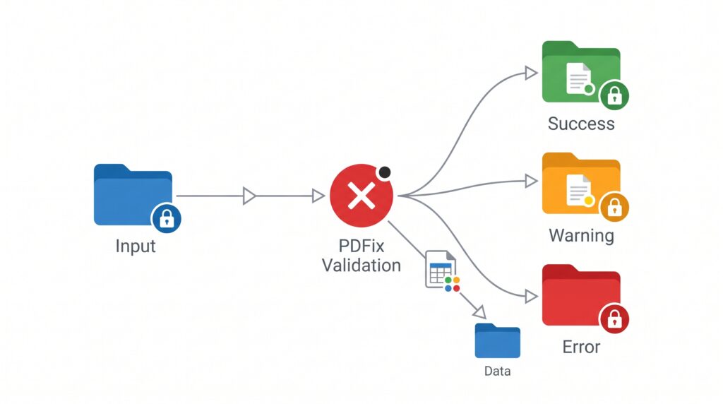 create brief image alt text PDFix Validation flow in Enfocus Switch — incoming PDFs are automatically routed to Success, Warning, or Error based on the validation result, with a data report attached.