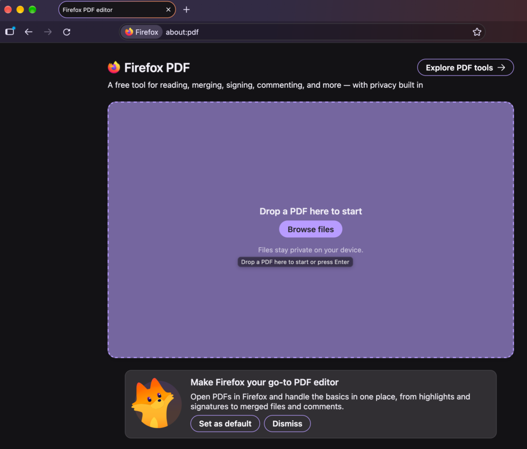 Screenshot of the Firefox PDF tool interface featuring a large drag-and-drop upload zone labeled "Drop a PDF here to start" with a "Browse files" button, an "Explore PDF tools" link in the header, and a bottom prompt featuring the Firefox mascot asking to set Firefox as the default PDF editor.