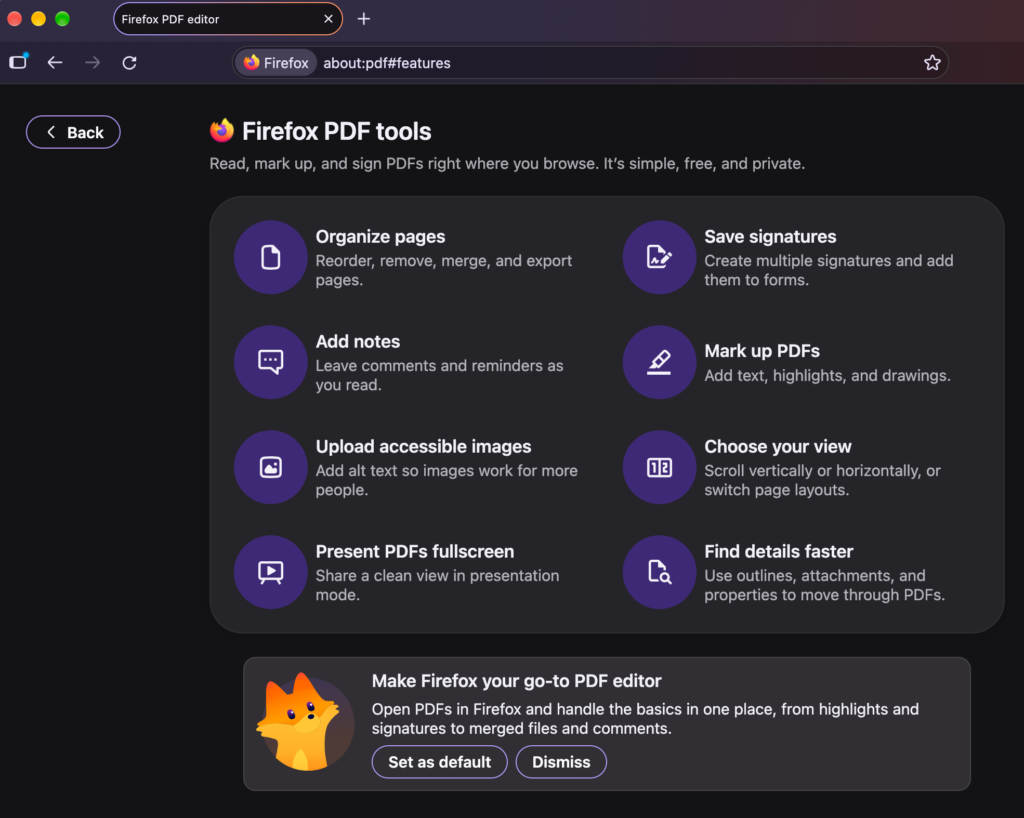 Screenshot of the Firefox PDF tools overview page displaying eight features—organize pages, save signatures, add notes, mark up PDFs, upload accessible images, choose view, present fullscreen, and find details faster—with a default browser prompt at the bottom.