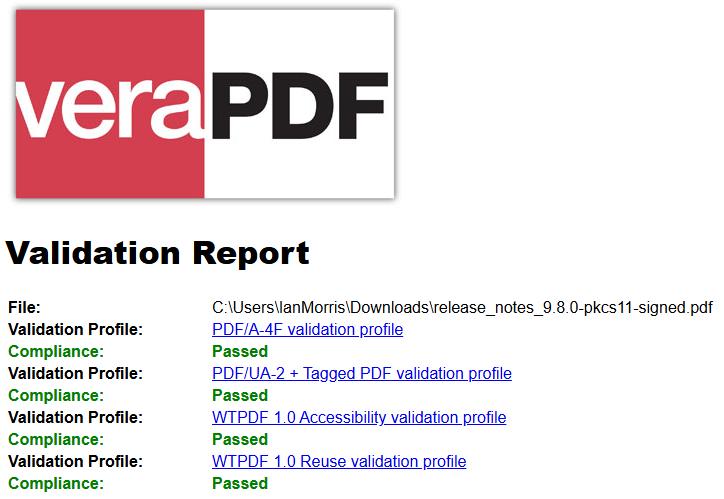 veraPDF validation report for iText Core 9.8.0 release notes PDF